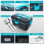 Electric-Lunch-Box-Heated-Food-Warmer 100W Heating Lunchbox for Adults 1.8L Portable Food Heater for Work/Car, 12V/24V/110-230V Lonchera Eléctrica Portátil with Fork Spoon (Gray+Blue)