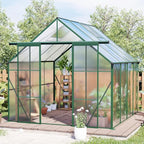 Double Sliding Door Polycarbonate Greenhouse with Rain Gutter and Roof Vent, Raised Base and Anchor Aluminum Heavy Duty Walk-in Green House, Outdoor Patio Sunroom (Green, 97.75*94.5*89.5in)