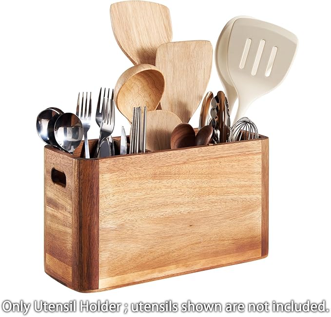 12" Wooden Kitchen Utensil Holder, Extra Large Acacia Wood Organizer for Cooking Tools, Utensils & Cutlery Storage – 3-Compartment Countertop Holder