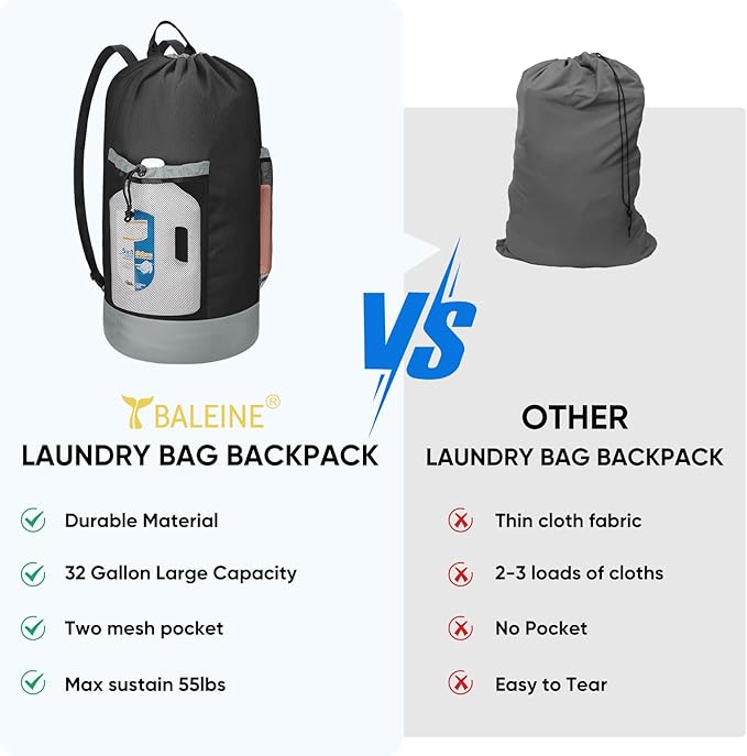BALEINE 2PK 150L Laundry Bag Backpack, 900D Oxford Fabric Large Travel Laundry Bags with Shoulder Straps and 2 Mesh Pockets for College Dorm, Apartment, Laundromat (Black, 150L)