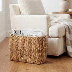 Toilet Paper Storage, Handwoven Toilet Paper Baskets with Handle for 9 Standard Rolls, Large Water Hyacinth Magazine Holder Narrow Wicker Trash Can for Bathroom Accessories