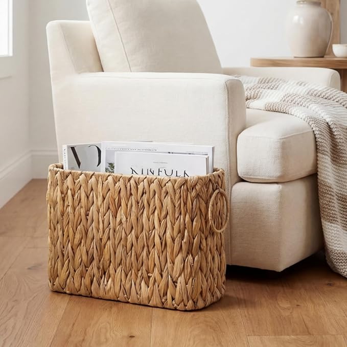 Toilet Paper Storage, Handwoven Toilet Paper Baskets with Handle for 9 Standard Rolls, Large Water Hyacinth Magazine Holder Narrow Wicker Trash Can for Bathroom Accessories