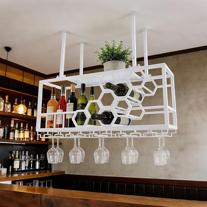Hanging Wine Rack, 39in Heavy Duty Ceiling Mounted Wine Bottle & Glass Holder, 150lbs Load Capacity Storage Rack, for Bar, Kitchen, Restaurant, Cellar (White)