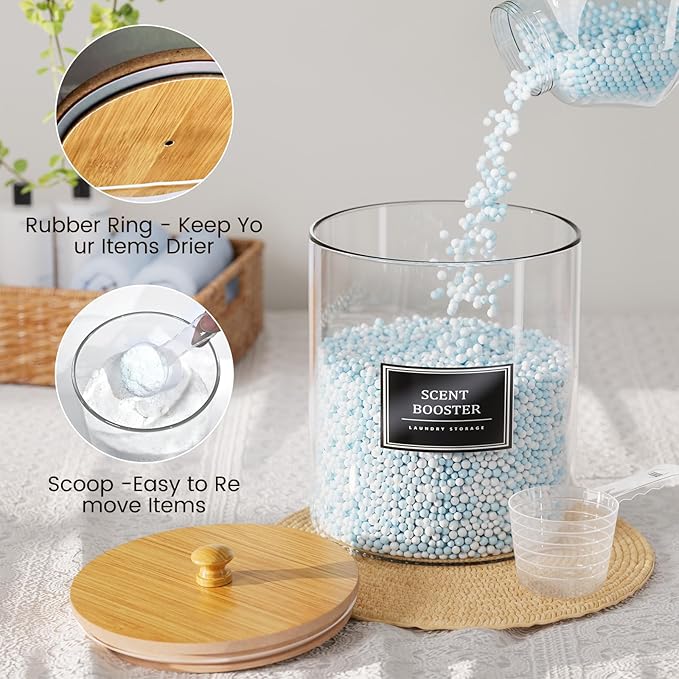 2 Pack Glass Laundry Pods Container, Clear Laundry Room Organization Containers with Lids & Labels, Powder Laundry Detergent Container for Scent Booster, Powder