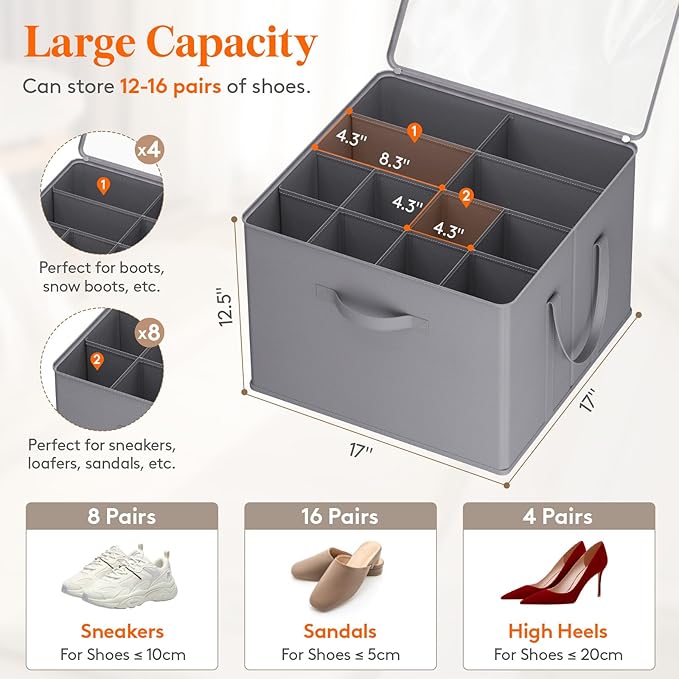 Lifewit Shoe Storage Organizer for Closet, Fabric Large Shoe Box Storage Containers with Clear Cover, Foldable Bins for Boots Heels Sneakers Fits 36-48 Pairs (Each 12-16 Pairs) 3 Pack Gray