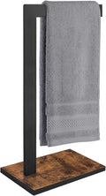 Hand Towel Holder for Bathroom, Hand Towel Stand with Wood Base, L-Shape Hand Towel Rack Height 13.85'' for Vanity Countertop, Kitchen Counter, (Rustic Brown-Square Base-L Shape)