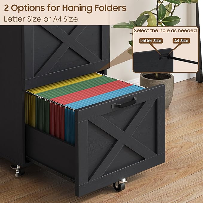 3 Drawer Small File Cabinet with Wheels, Farmhouse Vertical Filing Cabinet Fits Letter/A4 Size, Rolling File Cabinets Wooden Printer Stand for Home Office, Rustic Black