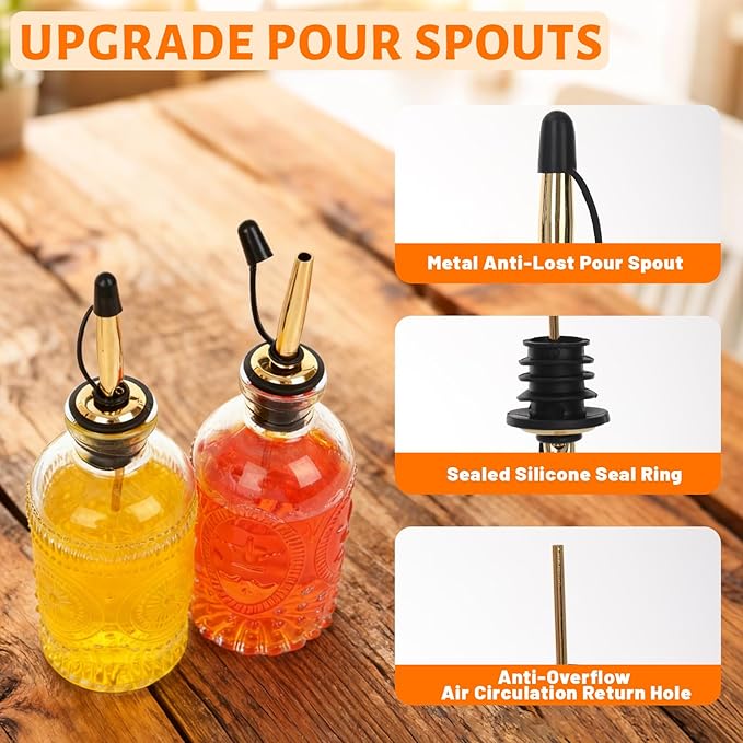 7oz Glass Coffee Syrup Dispenser, 4-Pack Complete Set with Funnel, Brush, Stoppers & Accessories - Syrup Bottles for Coffee Bar with Metal Pour Spout, Ideal for Maple,Oil, Vinegar,Cooking wine