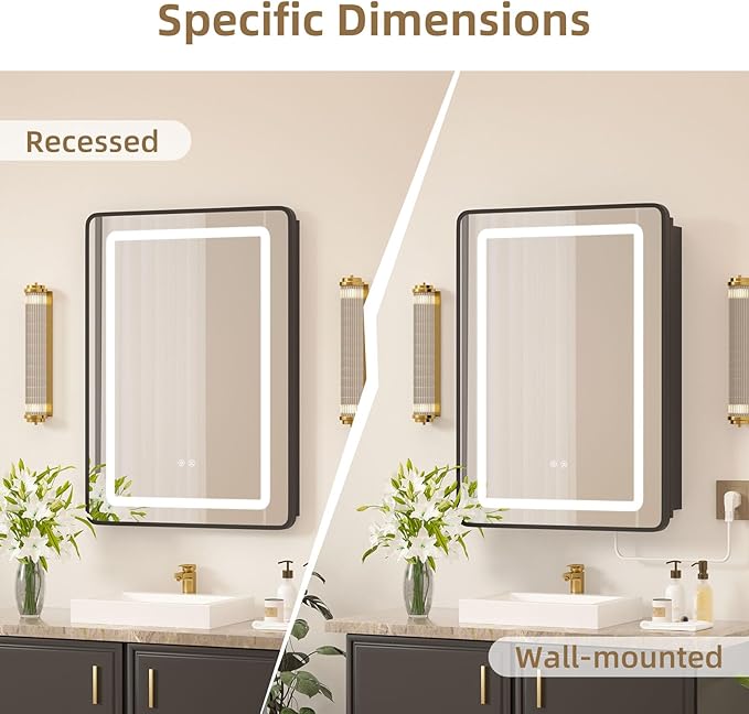20x28 Medicine Cabinet with Mirror and Lights, Bathroom Mirror Cabinet with Memory Function, Anti-Fog, Surface Mount or Recessed Medicine Cabinet with Lights 3 Colors Dimmable
