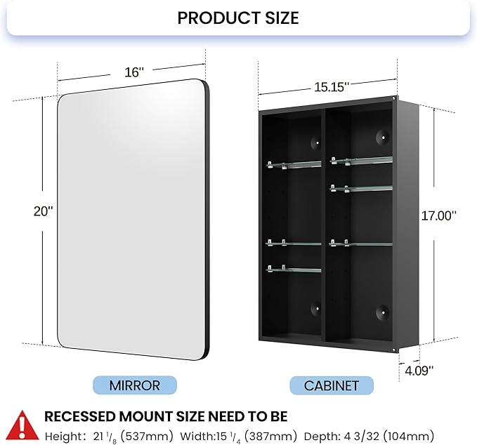 Black Medicine Cabinet with Mirror 16x20 Inch, Small Bathroom Wall Cabinet with Storage, Modern Matte Finish, 6 Adjustable Glass Shelves, Silent Soft Close, Rust Proof Aluminum Organizer