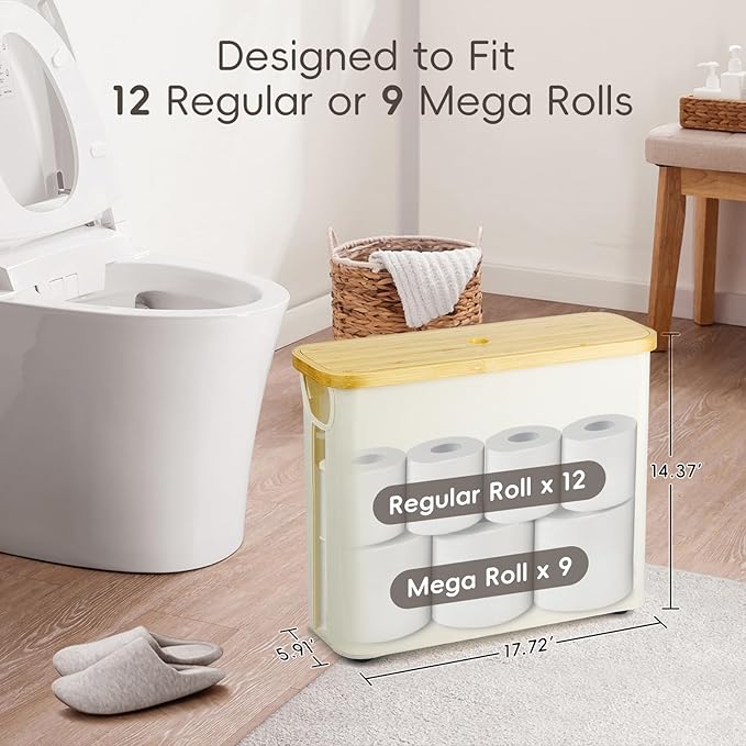 Toilet Paper Storage for Bathroom, Slim Basket Holder with Bamboo Lid, Foldable Organizer with Handle, Freestanding Stand for Small Spaces