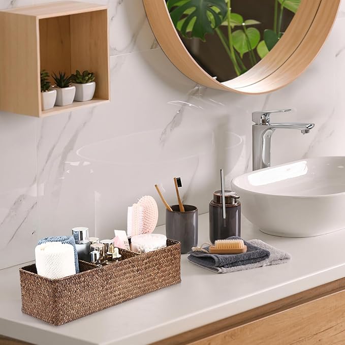 Seagrass Shelf Basket with Dividers, Rectangular Woven Storage Baskets for Organizing, Decorative Wicker Narrow Basket Tray with 3 Sections for Shelves, Toilet Tank, Bathroom Counter