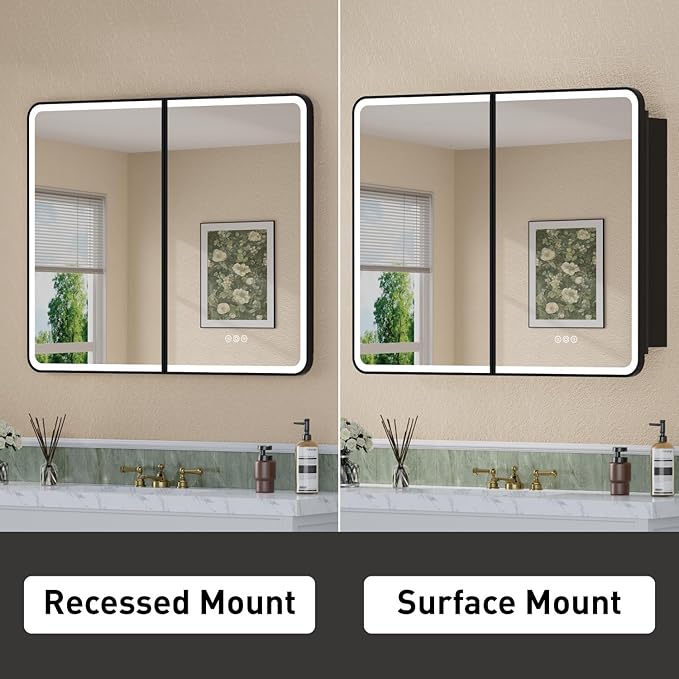 32 x 30 Inch LED Medicine Cabinet with Mirror, UL Certified Dimmable Lighted Bathroom Mirror Cabinet, Anti-Fog & Memory Function, 3 Color Modes, Recessed or Wall Mounted, Adjustable Shelf, Black