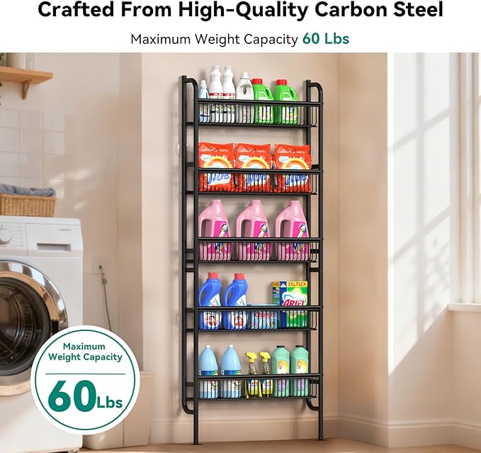 NECHEGE Slim Shelf Behind Door Storage Rack, 5-Tier Multi-Purpose Space-Saving Organizer for Bathroom, Kitchen, Living Room-Sturdy Metal Bookshelf for Narrow Spaces