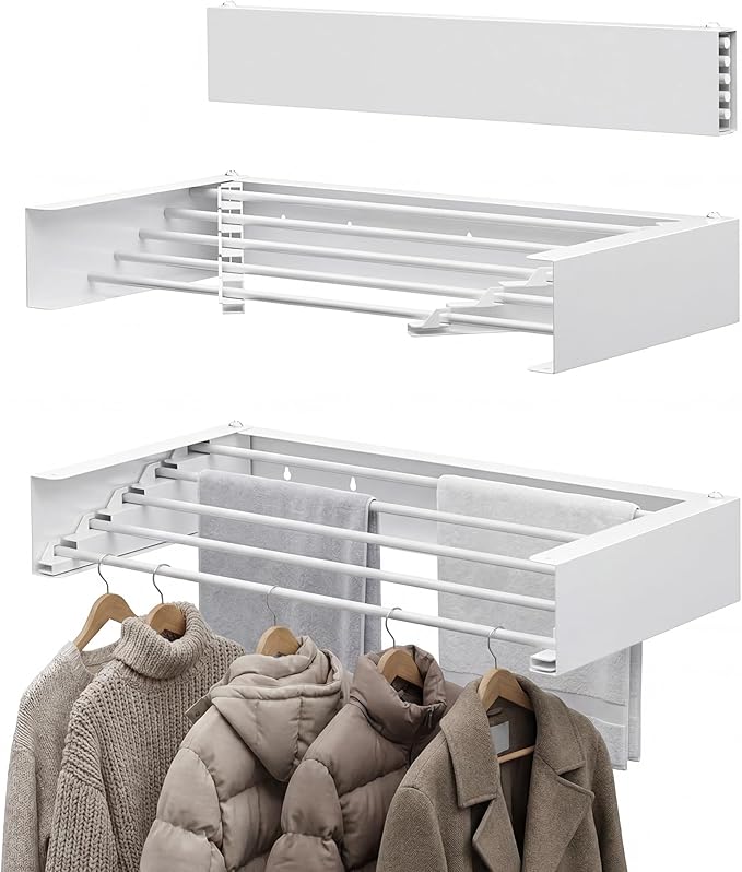 Clothes Drying Rack Wall Mounted - 41.73" Large Stainless Steel Laundry Drying Rack Collapsible, 60LBS Heavy Duty Retractable Hanger, 5-Rod Tiered Foldable Rack for Indoor