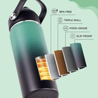 24oz Insulated Stainless Steel Water Bottle, Wide Mouth Double Wall Vacuum, Silicone Straw, Sweat & Leak Proof, BPA Free Insulated Water Flask for Travel, Keep Cold 24h Hot 12h, Green & Black
