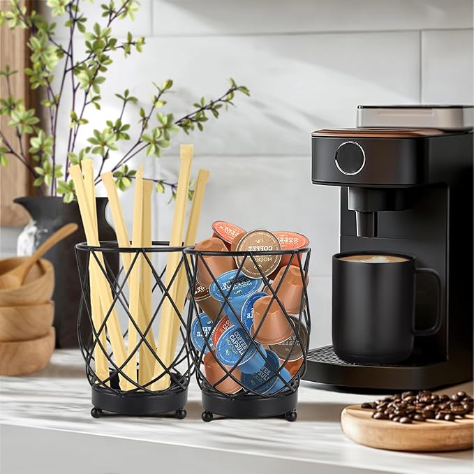 MACEVIA Utensil Holder for Kitchen Counter, Black Metal Organizer with Diatomaceous Earth Base, 4" x 3" x 5.5", Countertop Storage for Spoons,Spatulas and Cooking Utensils,Set of 2
