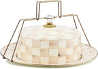 MACKENZIE-CHILDS Enamel Cake Carrier, Cake-Dish Serving Platter with Lid and Handles, Brown-and-White Mocha Check