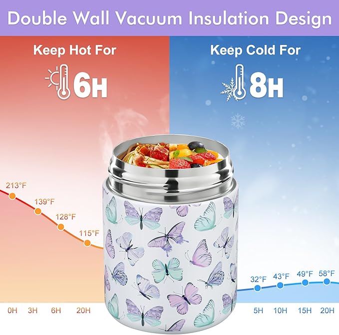 12oz Soup Thermo for Hot Food Kids Insulated Food Jar Wide Mouth Lunch Container Leak Proof Stainless Steel Vacuum Bento Box for School Office Travel Outdoors White-Butterfly