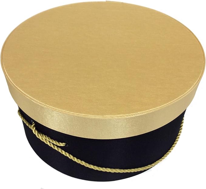 Sarah's Hat Boxes Classic Black/Gold Hat Box – 18.5" x 9.5" (Dia. x Ht.) Handmade in USA – Odorless Non-Toxic Adhesive, Cording Handle – Premium Storage for Hats & Accessories