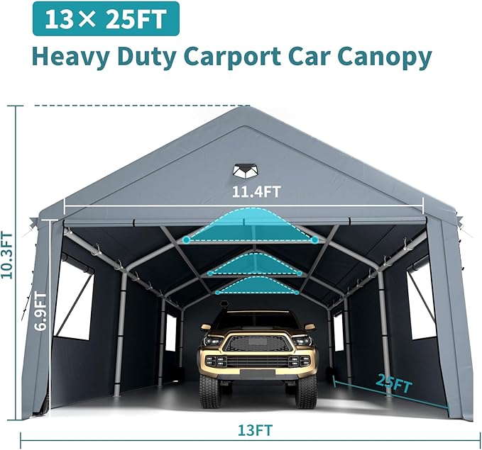 Heavy Duty Carport Canopy 13x25FT,Extra Large Portable Car Tent Garage with Roll-up Windows and All-Season Tarp Cover,Removable Roof&Side Walls for Car,SUV,Boats&Truck Shelter Logic Storage,Gray