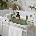 Mkono Small Storage Basket for Toilet Tank Top Boho Bathroom Decor Woven Rope Toilet Paper Tray Organizer for Shelf Bedroom Living Room, Green, 13" L x 6" W