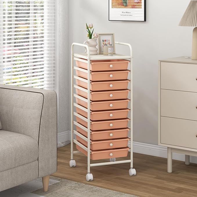 GOFLAME 10-Drawer Rolling Storage Drawer Cart, Utility Cart with Removable Drawers & Metal Frame, Mobile Art Craft Drawer Cart with Lockable Wheels for Home, Office, Studio, School, Peach Fuzz