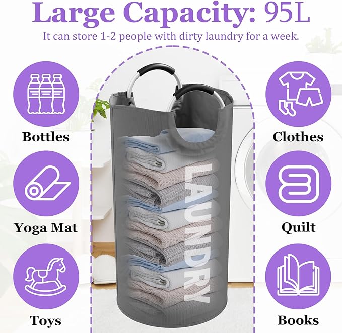 Collapsible Laundry Basket with Handles, 95L Large Laundry Hamper for Bedroom, Dirty Clothes Hamper Stand Up Well, Portable Storage Basket for Famliy, Travel, Dark Grey