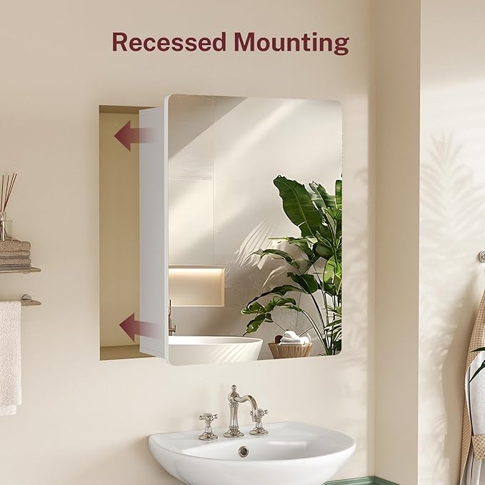 TEENFON Medicine Cabinet Mirror with 2 Adjustable Shelves, Bathroom Mirror with Storage, Recessed or Wall Mount Bathroom Cabinet, White