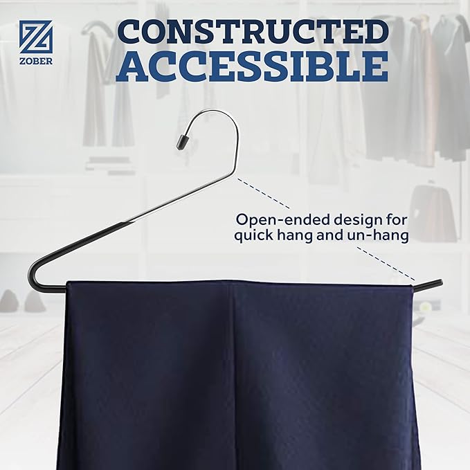 Zober Pants Hangers Non Slip - 20 Pack Open Ended Pants and Jean Hangers for Closet - Space Saving Clothes Hanger - Strong, Durable, Metal Pant Hangers (Black)