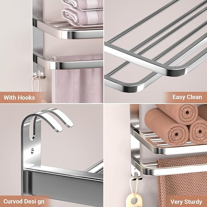 DDS-DUDES 23 Inches 3-Tier Towel Racks for Bathroom with Towel Bars Multilayer Hotel Towel Shelf Stainless Steel Wall-Mounted Brushed Finish Holder with Towel Shelves