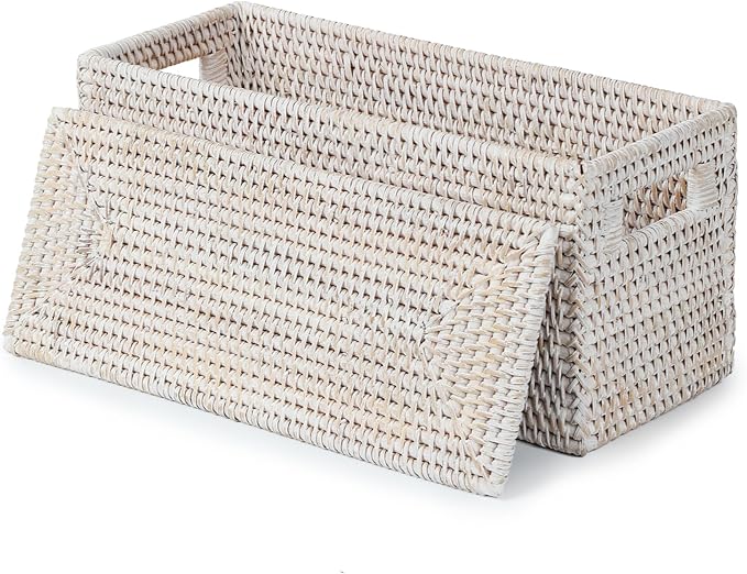YANGQIHOME Toilet Paper Basket, Rattan Toilet Tank Basket for Bathroom, Wicker Baskets with Lid for Storage, Whitewash