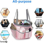 Temede Mesh Shower Caddy Tote, Large Shower Caddy Basket Portable, Quick Dry Hanging Toiletry Bag, 8 Storage Pocket Bath Organizer for College Dorm Room, Gym, Bathroom, Camp, Travel (Pink+Stripes)