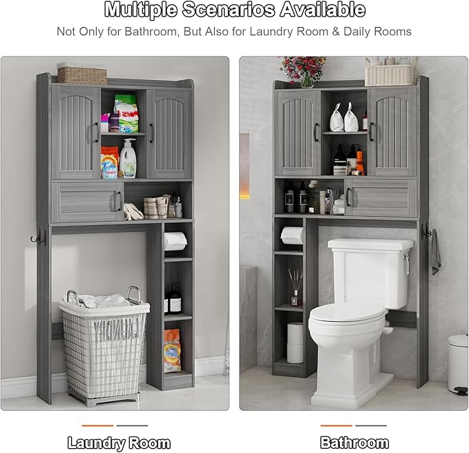 Vabches Farmhouse Over The Toilet Storage Cabinet with 2 Barn Doors & Sliding Door, Over The Toilet Bathroom Organizer with Open Storage Layer and Adjustable Shelves & Hooks.Grey