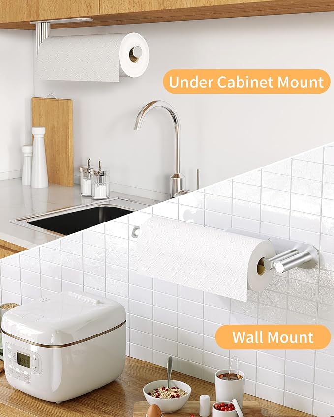 Paper Towel Holder Under Cabinet, 13Inch Self-Adhesive or Wall Paper Towel Holder for Kitchen, Bathroom, RV, Brushed Nickel