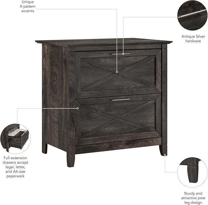 Bush Home Key West 2 Drawer Lateral File Cabinet in Dark Gray Hickory, Document Storage for Home Office, Accent Chest with Drawers