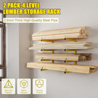 2-Pack Lumber Storage Rack, Wood Storage Racks Wall Mount, Heavy Duty Garage Wood Organizer with 4-Level System, Yellow Utility Rack Organization Up 800 Lbs, Metal Lumber Shelf for Indoor and Outdoor