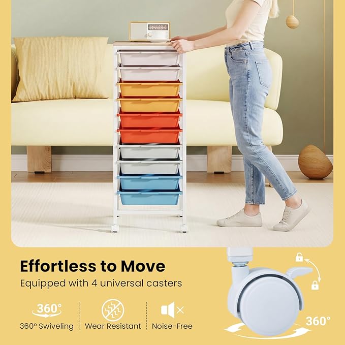 GOFLAME 10-Drawer Rolling Storage Cart, Craft Storage Cart with Wooden Tabletop and Lockable Wheels, Art Cart Supply Storage Organizer with Metal Frame for Home Office Classroom, Macaron Color
