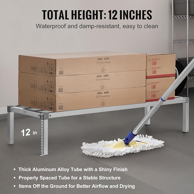 VEVOR Aluminum Dunnage Rack, 60” x 20” Commercial Food Floor Rack, 12” Off the Floor, 1000 lbs Capacity All-Welded Aluminum Storage Rack, for Storage in Restaurants, Kitchens, Garages and Vehicles