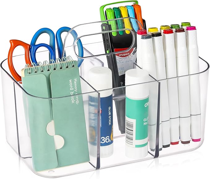 Multiuse Caddy Organizer with Handle - Stackable Plastic Tote Bin - Art Craft Supplies, Office, Desk, Stationery Pen Holder, Kitchen, Utensil, Makeup, Bathroom, Shower, Cleaning, Dorm Organizer -Clear