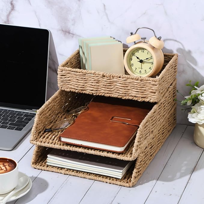 Geelin 3 Pack Paper Rope Woven Stackable Desk Organizer Letter Tray, Primary Color Tabletop Desk Basket for Storage Paper Letter Folders Notebooks Copy Print, Workspace Holder