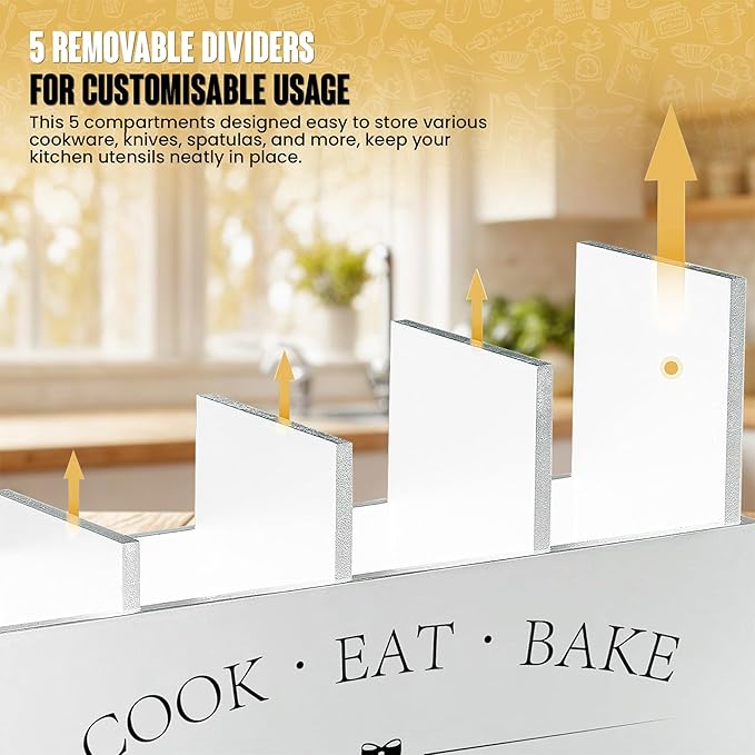 Kitchen Utensil Holder For Countertop With 4 Compartments - Kitchen Organizer Countertop, Extra Large Utensil Holder, Cooking Utensils Holder - White