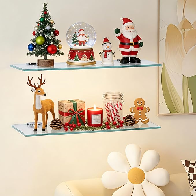 Bathroom Shelves, Glass Floating Shelves for Bathroom, Kitchen, Living Room, Bedroom,Tempered Glass Shelf with Zinc Alloy Brackets, 15 X 4.75 Inches, 2 Pack Clear