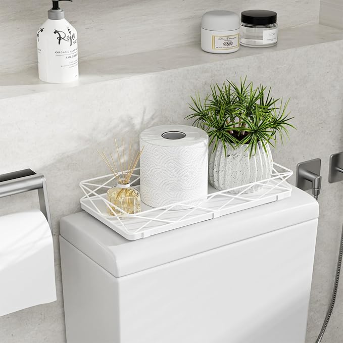 Toilet Paper Basket Holder, 13" Toilet Tank Tray, Wood and Metal Toilet Tray Vanity Organizer Bathroom Tray, Kitchen Sink Organizer for Soap Dispenser (White)