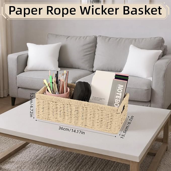 2 Pack Paper Rope Wicker Baskets with Handles, Storage Wicke Baskets for Shelves Organizing, Natural Color Toilet Basket Tank Topper, Small Woven Baskets for Storage, 14.17x6.1x4.72in