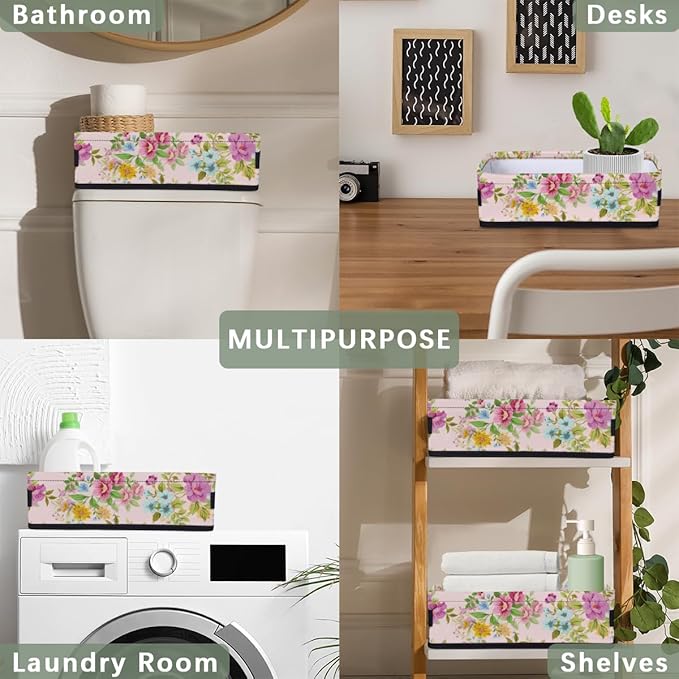 Toilet Tank Topper Paper Basket with Handle, Beautiful Floral Bathroom Storage Basket for Organizing, Small Fabric Storage Bins for Bathroom Decor