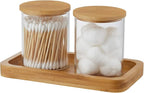 Glass Qtip Holder with Vanity Tray, Apothecary Jars Bathroom Accessories Bathroom Canisters Organizer Countertop Q Tip Holder for Cotton Ball Round Swab Pad Hair Ties Floss Perfume Jewelry
