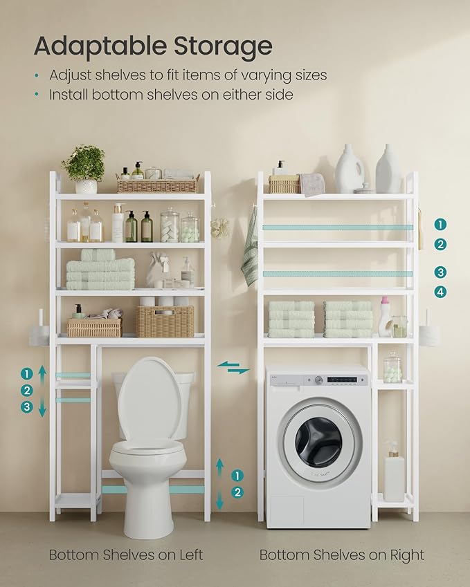 SONGMICS Over the Toilet Storage, 4-Tier Over Toilet Bathroom Organizer with Adjustable Shelves, 26 x 83 x 185 cm, Space-Saving, Cloud White UBTS017W01