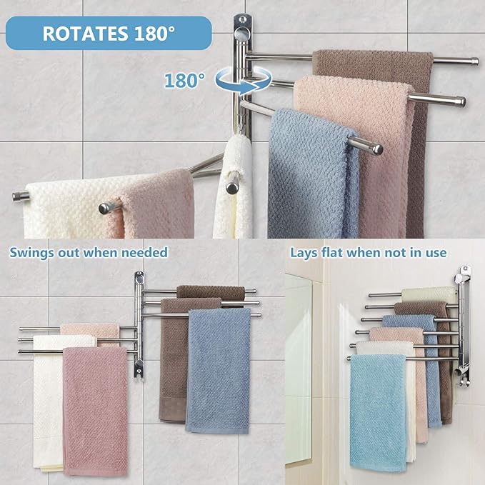 Towel Rack Wall Mounted JSVER Bathroom Towel Rack, Space Saving Towel Holder, 13.4 Inches Swivel SUS304 Stainless Steel Towel Bar, 180° Rotation 6 Arms Towel Racks for Bathroom