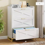 File Cabinet 3 Drawers Lateral File Cabinet with Charging Station for Letter/Legal/A4 Size Hanging Files, Large Wood File Storage Cabinets Printer Stand for Home Office, White and Gold